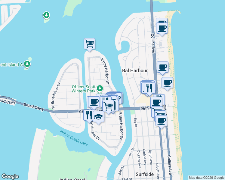 map of restaurants, bars, coffee shops, grocery stores, and more near 9901 East Bay Harbor Drive in Bay Harbor Islands