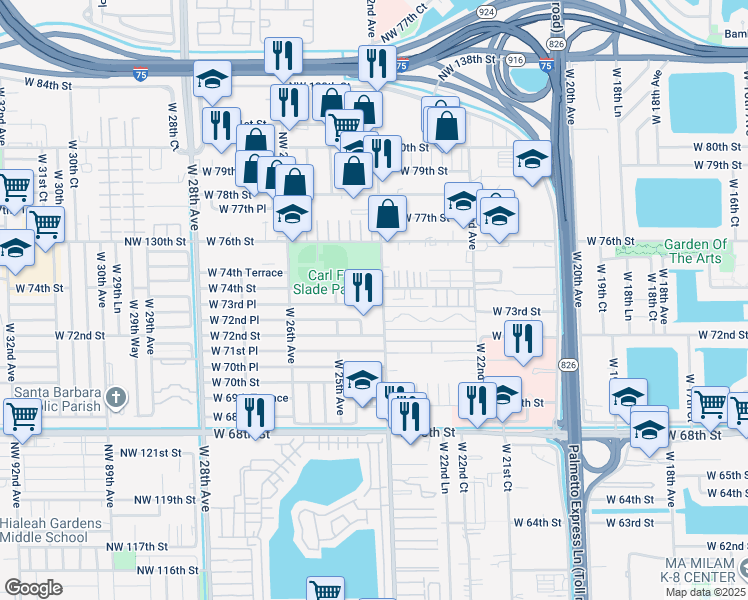 map of restaurants, bars, coffee shops, grocery stores, and more near 7400 West 24th Avenue in Hialeah