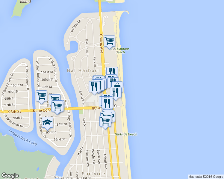 map of restaurants, bars, coffee shops, grocery stores, and more near 9801 Collins Avenue in Bal Harbour