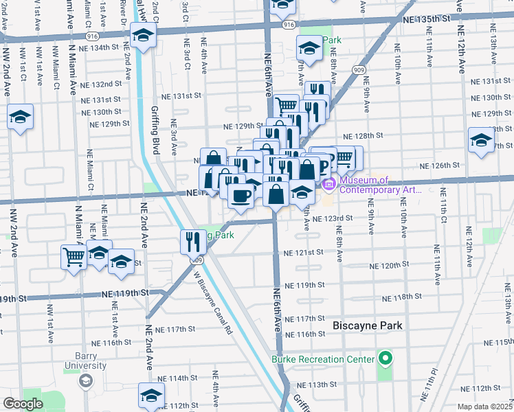 map of restaurants, bars, coffee shops, grocery stores, and more near in North Miami