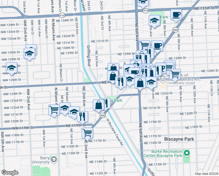 map of restaurants, bars, coffee shops, grocery stores, and more near 360 Florida 922 in North Miami