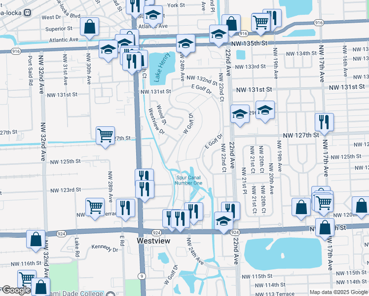 map of restaurants, bars, coffee shops, grocery stores, and more near 12640 West Golf Drive in Miami