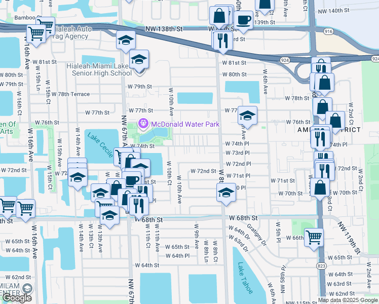 map of restaurants, bars, coffee shops, grocery stores, and more near 915 West 74th Street in Hialeah