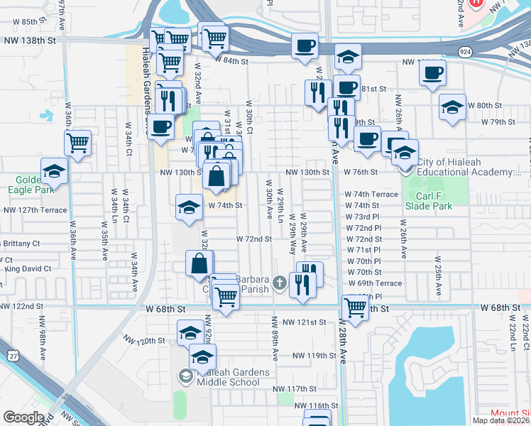map of restaurants, bars, coffee shops, grocery stores, and more near 7417 West 30th Court in Hialeah