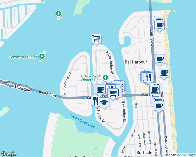 map of restaurants, bars, coffee shops, grocery stores, and more near 1175 99th Street in Bay Harbor Islands