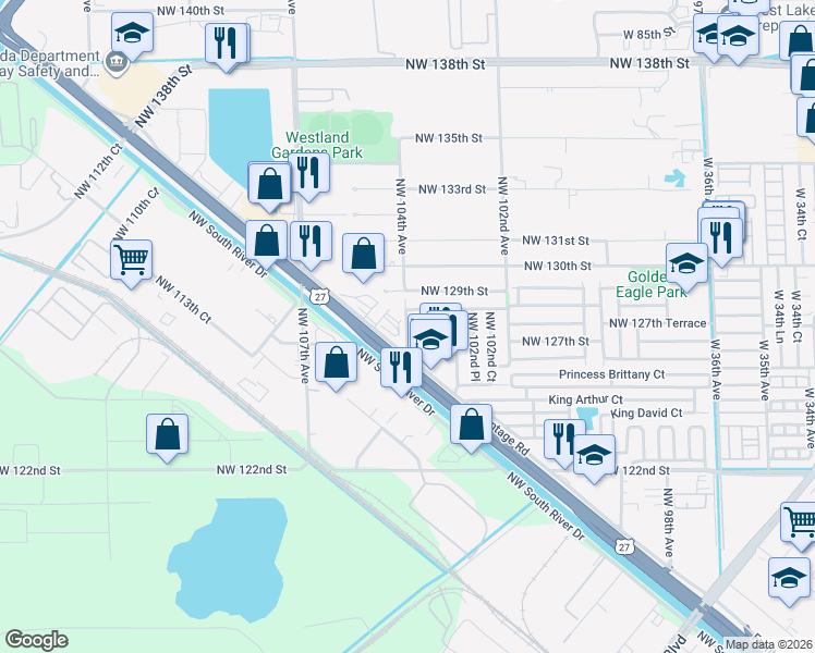 map of restaurants, bars, coffee shops, grocery stores, and more near 12800 Northwest 104th Avenue in Hialeah Gardens