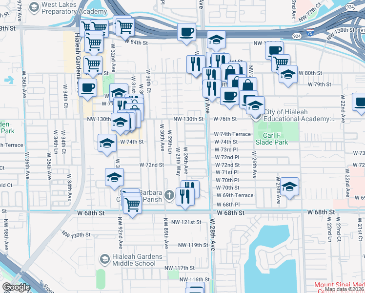 map of restaurants, bars, coffee shops, grocery stores, and more near 2879 West 74th Place in Hialeah