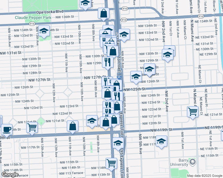 map of restaurants, bars, coffee shops, grocery stores, and more near 12550 Florida 7 in North Miami