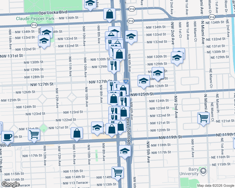 map of restaurants, bars, coffee shops, grocery stores, and more near 12550 Florida 7 in North Miami