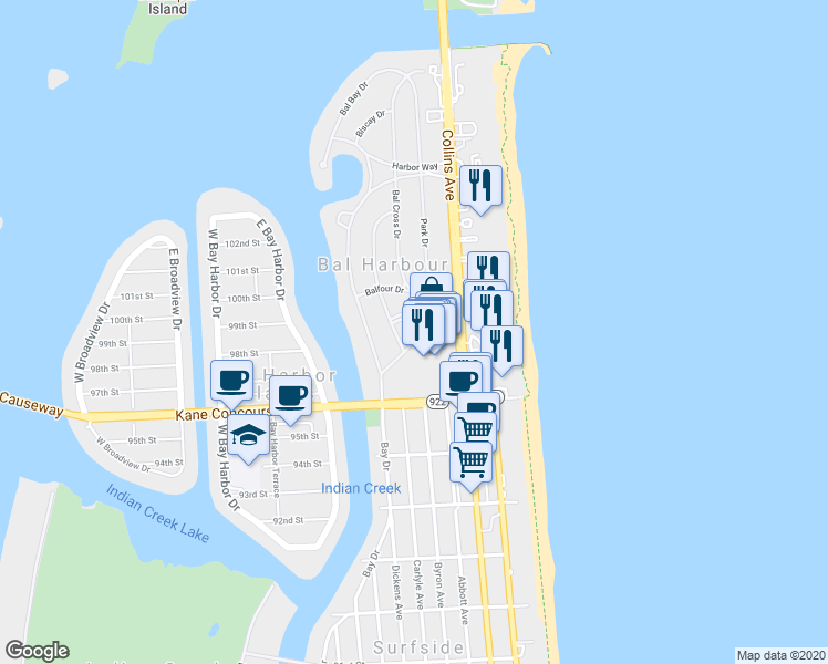 map of restaurants, bars, coffee shops, grocery stores, and more near 90 Park Drive in Bal Harbour
