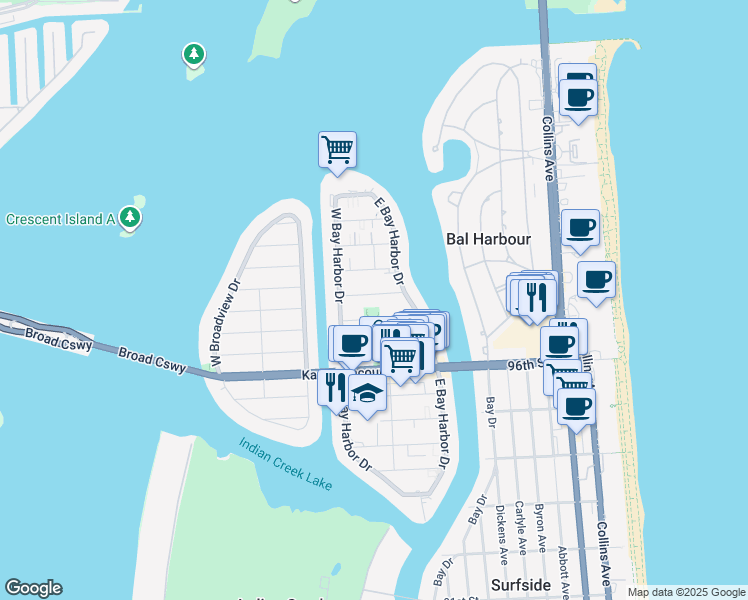 map of restaurants, bars, coffee shops, grocery stores, and more near 1085 99th Street in Bay Harbor Islands
