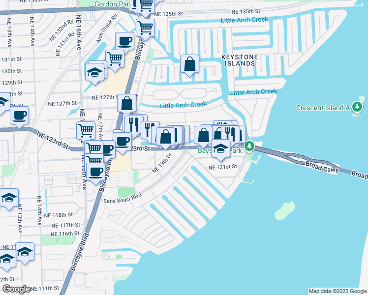 map of restaurants, bars, coffee shops, grocery stores, and more near 2060 Northeast 124th Street in North Miami
