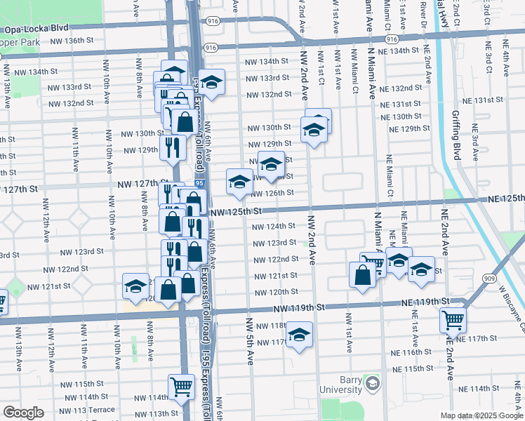 map of restaurants, bars, coffee shops, grocery stores, and more near 12550 Northwest 4th Avenue in North Miami