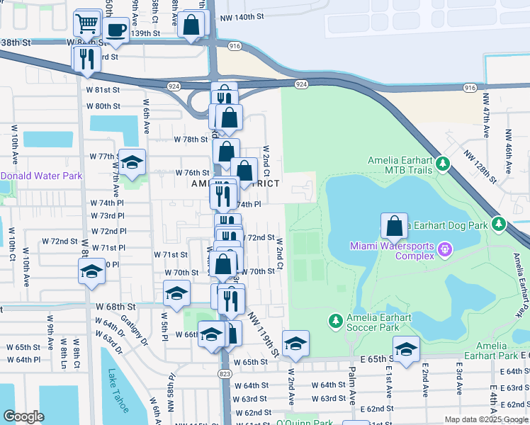 map of restaurants, bars, coffee shops, grocery stores, and more near 245 West 74th Place in Hialeah