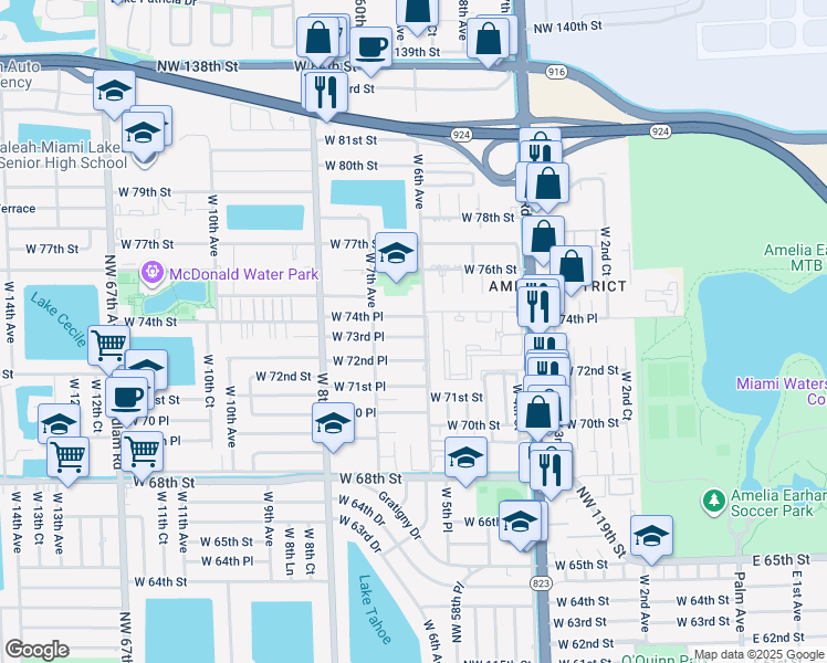 map of restaurants, bars, coffee shops, grocery stores, and more near 640 West 74th Place in Hialeah