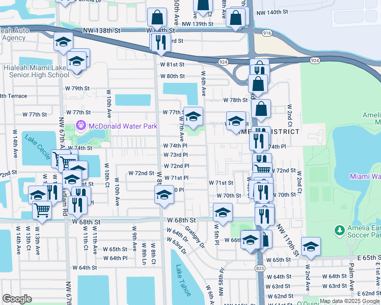 map of restaurants, bars, coffee shops, grocery stores, and more near 640 West 74th Place in Hialeah