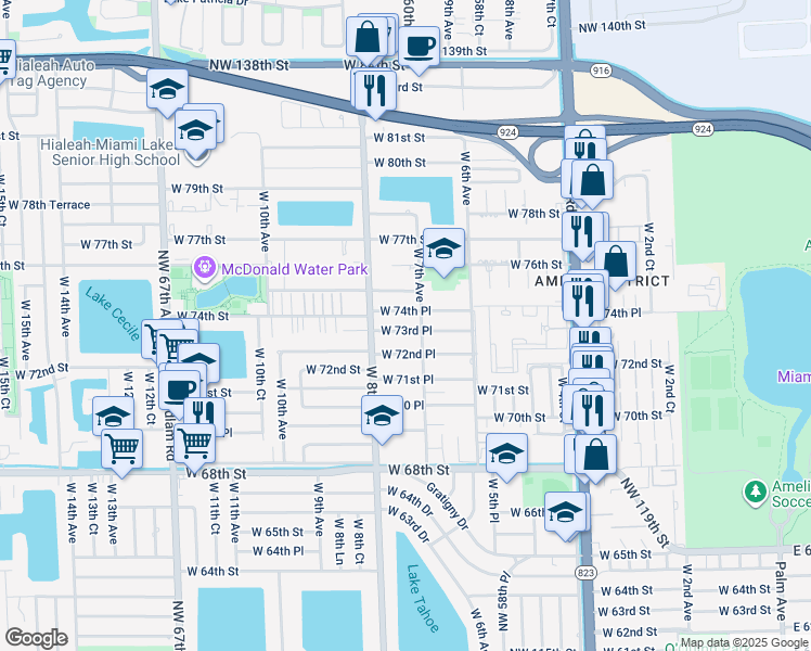 map of restaurants, bars, coffee shops, grocery stores, and more near 725 West 74th Place in Hialeah