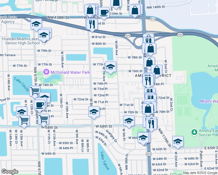 map of restaurants, bars, coffee shops, grocery stores, and more near 640 West 74th Place in Hialeah