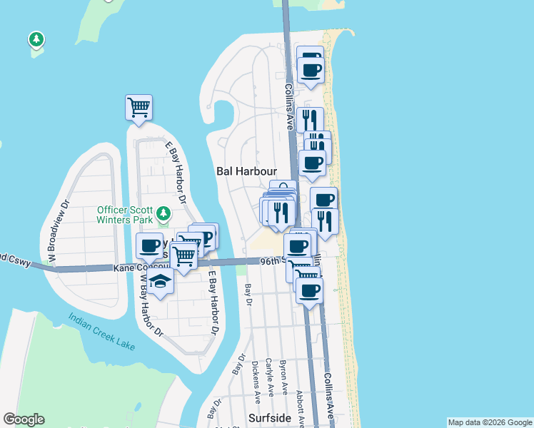 map of restaurants, bars, coffee shops, grocery stores, and more near 90 Park Drive in Bal Harbour
