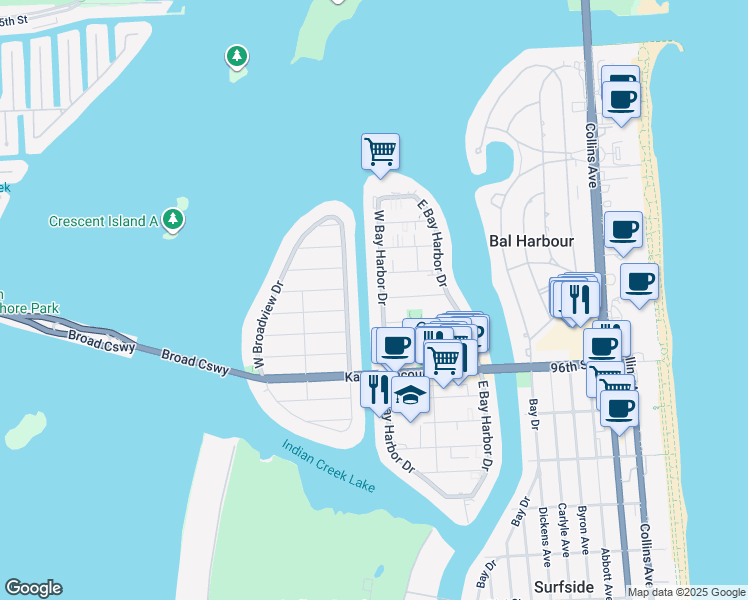 map of restaurants, bars, coffee shops, grocery stores, and more near 10001 East Broadview Drive in Bay Harbor Islands