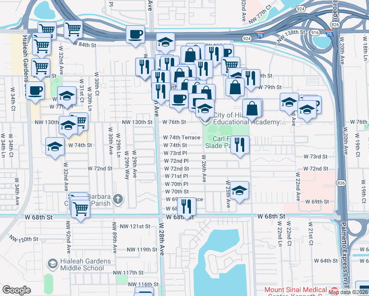 map of restaurants, bars, coffee shops, grocery stores, and more near 2655 West 74th Street in Hialeah
