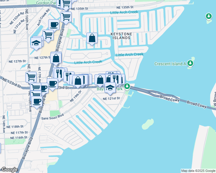 map of restaurants, bars, coffee shops, grocery stores, and more near 2203 Northeast 123rd Street in North Miami