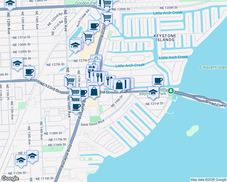 map of restaurants, bars, coffee shops, grocery stores, and more near 1888 Northeast 124th Street in North Miami