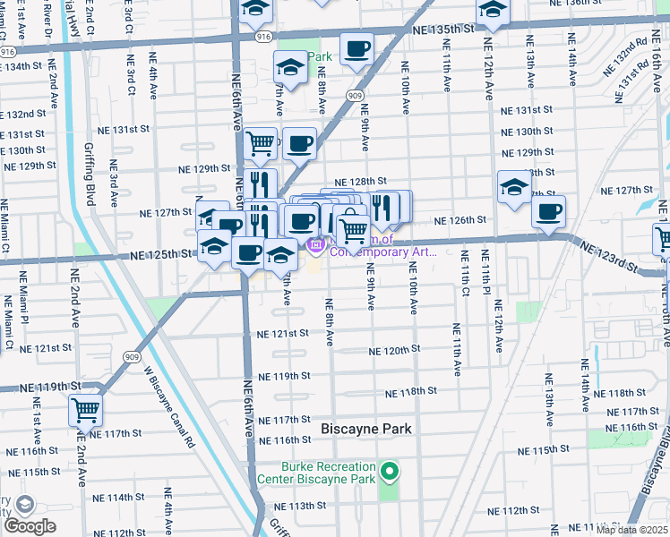 map of restaurants, bars, coffee shops, grocery stores, and more near in North Miami
