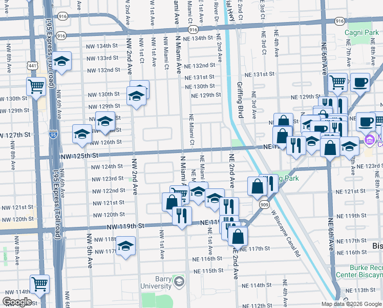 map of restaurants, bars, coffee shops, grocery stores, and more near 12505 Northeast Miami Court in North Miami