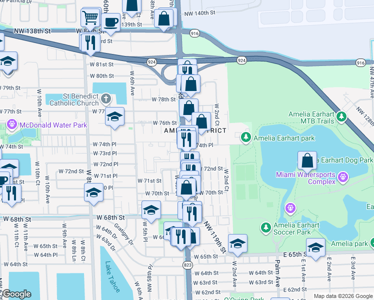 map of restaurants, bars, coffee shops, grocery stores, and more near 7445 Florida 823 in Hialeah