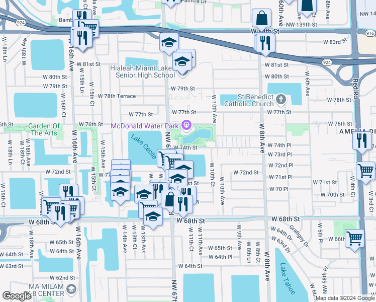 map of restaurants, bars, coffee shops, grocery stores, and more near 1060 West 74th Street in Hialeah