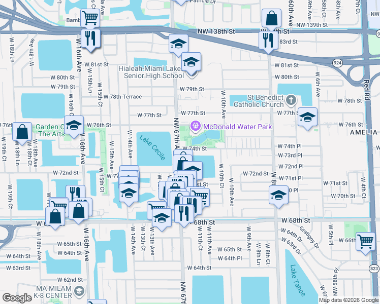 map of restaurants, bars, coffee shops, grocery stores, and more near 1197 West 74th Street in Hialeah