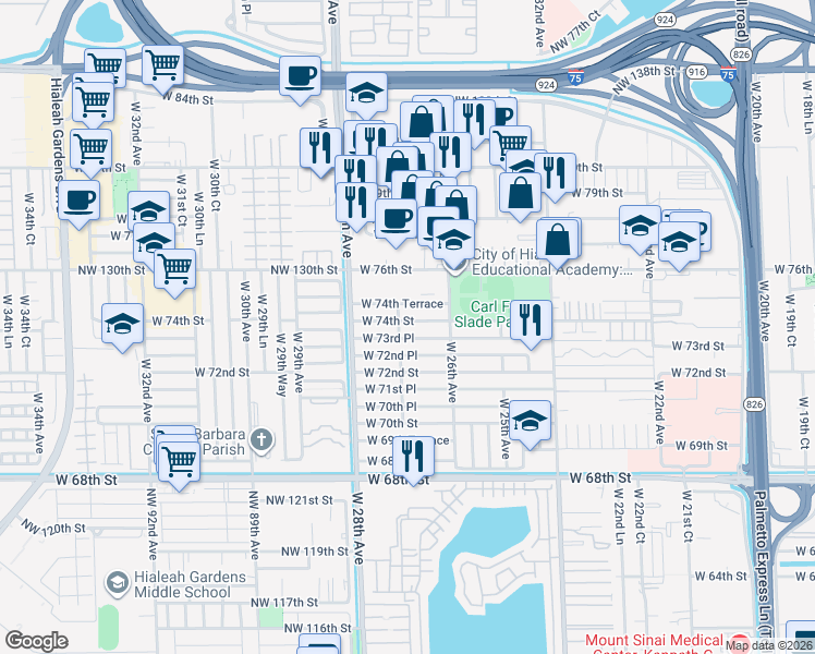 map of restaurants, bars, coffee shops, grocery stores, and more near 2655 West 74th Street in Hialeah