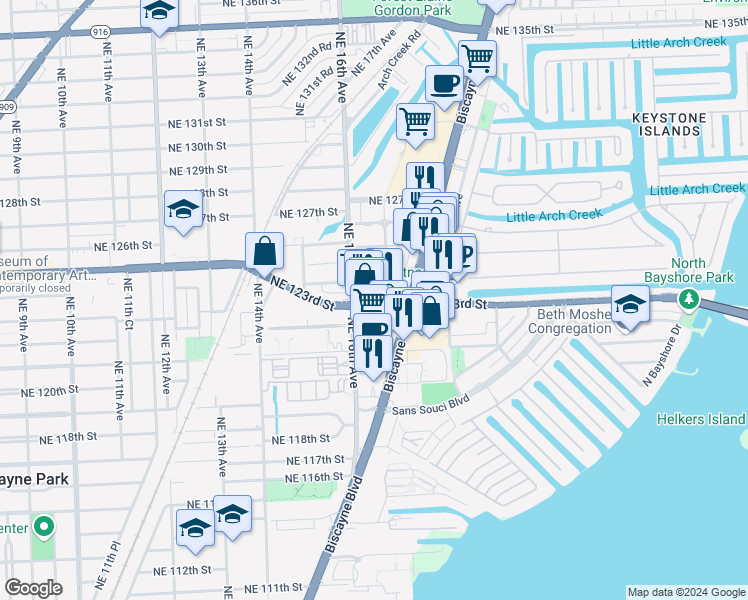 map of restaurants, bars, coffee shops, grocery stores, and more near in North Miami