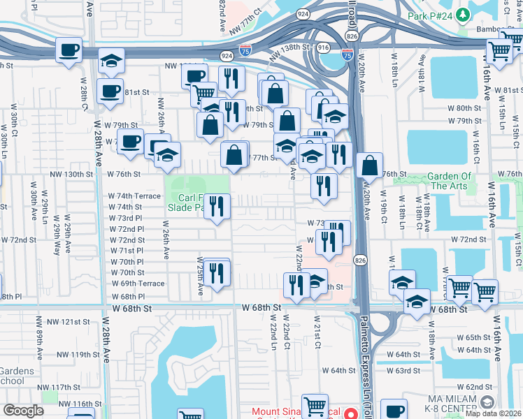 map of restaurants, bars, coffee shops, grocery stores, and more near 2292 West 74th Place in Hialeah