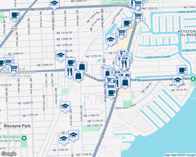 map of restaurants, bars, coffee shops, grocery stores, and more near 1549 Northeast 123rd Street in North Miami