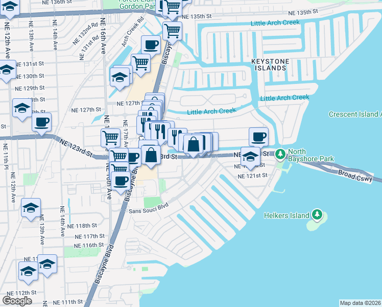 map of restaurants, bars, coffee shops, grocery stores, and more near 1888 Northeast 124th Street in North Miami