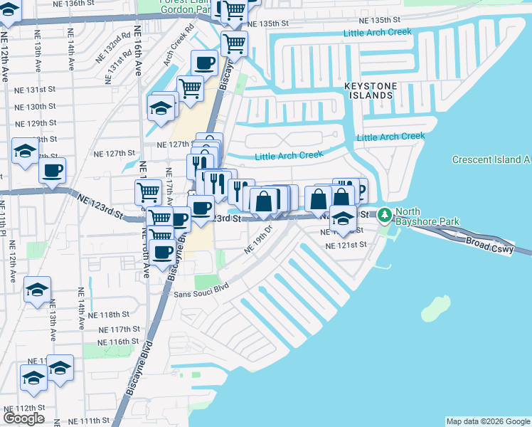 map of restaurants, bars, coffee shops, grocery stores, and more near 1970 Northeast 124th Street in North Miami