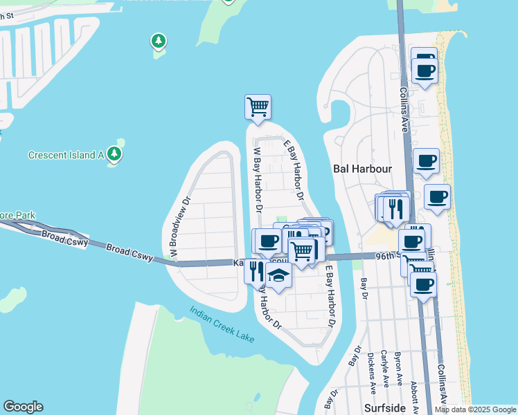 map of restaurants, bars, coffee shops, grocery stores, and more near 1175 99th Street in Bay Harbor Islands