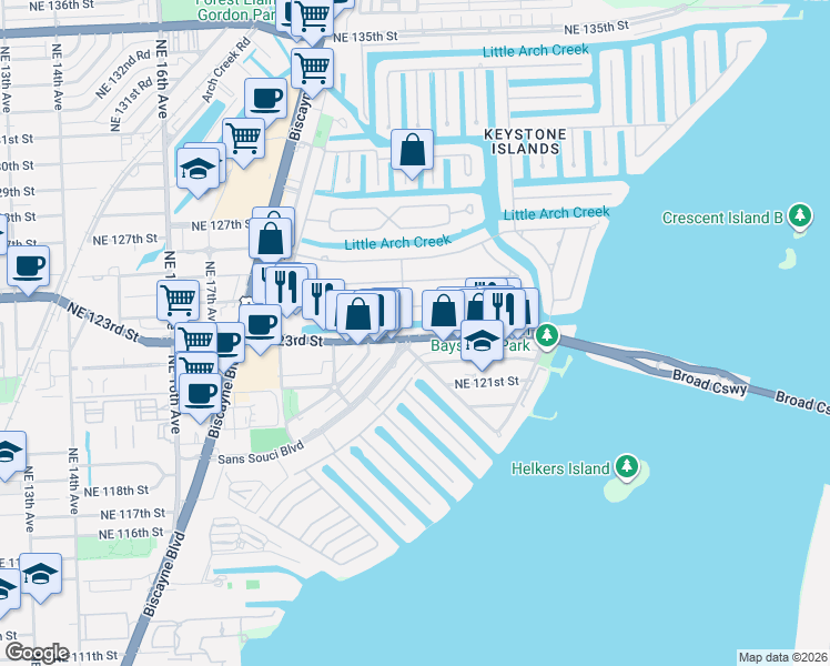 map of restaurants, bars, coffee shops, grocery stores, and more near 2060 Northeast 124th Street in North Miami