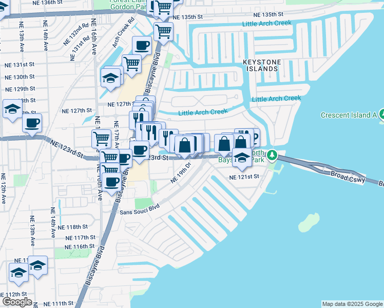 map of restaurants, bars, coffee shops, grocery stores, and more near 1970 Northeast 124th Street in North Miami