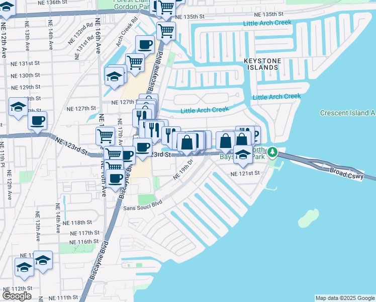 map of restaurants, bars, coffee shops, grocery stores, and more near 1970 Northeast 124th Street in North Miami