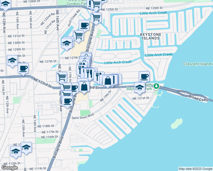 map of restaurants, bars, coffee shops, grocery stores, and more near 1888 Northeast 124th Street in North Miami