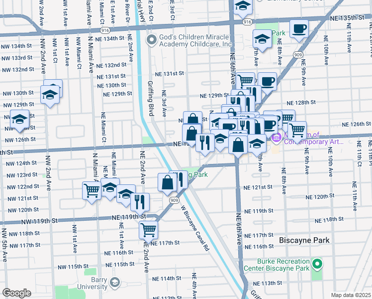 map of restaurants, bars, coffee shops, grocery stores, and more near 360 Florida 922 in North Miami