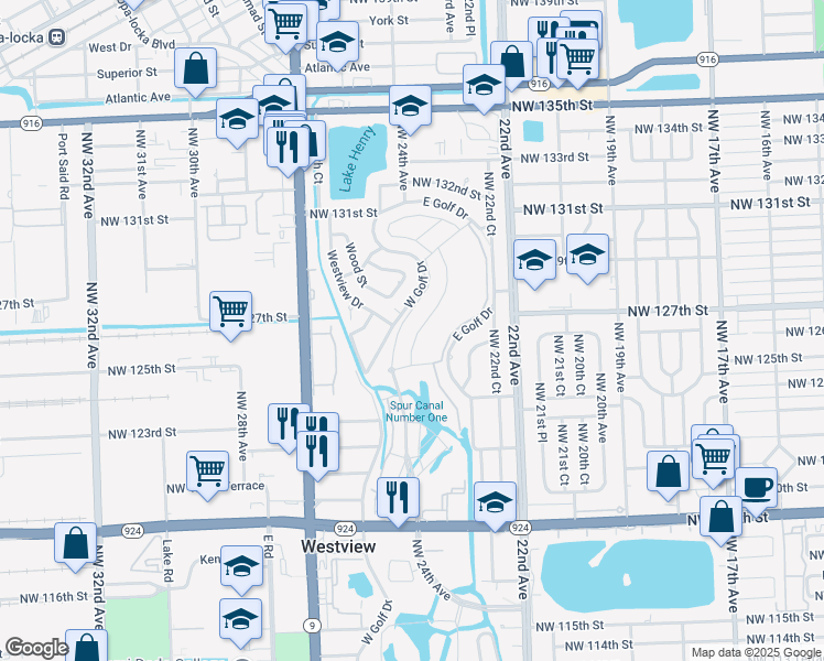 map of restaurants, bars, coffee shops, grocery stores, and more near 12640 West Golf Drive in Miami