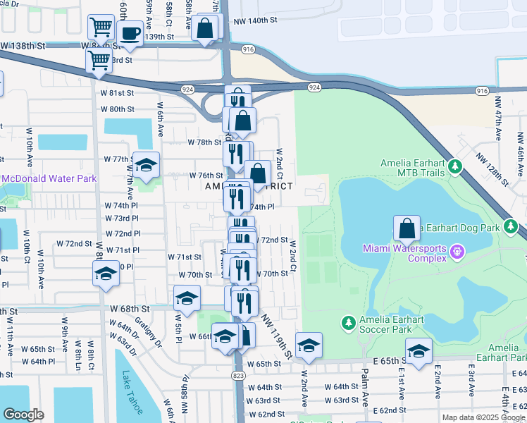 map of restaurants, bars, coffee shops, grocery stores, and more near 245 West 74th Place in Hialeah