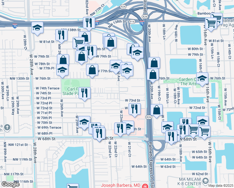 map of restaurants, bars, coffee shops, grocery stores, and more near 2200 West 74th Place in Hialeah