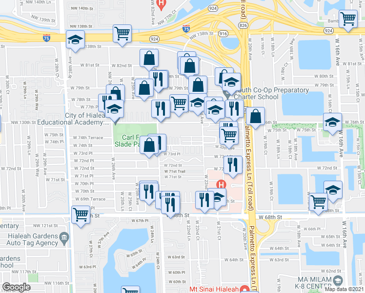 map of restaurants, bars, coffee shops, grocery stores, and more near 2292 West 74th Place in Hialeah