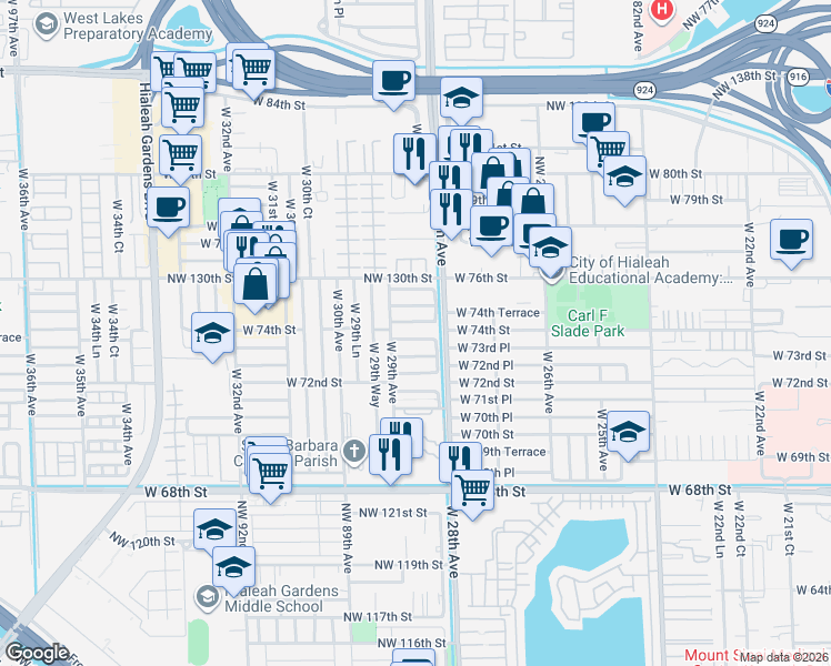 map of restaurants, bars, coffee shops, grocery stores, and more near 2879 West 74th Place in Hialeah