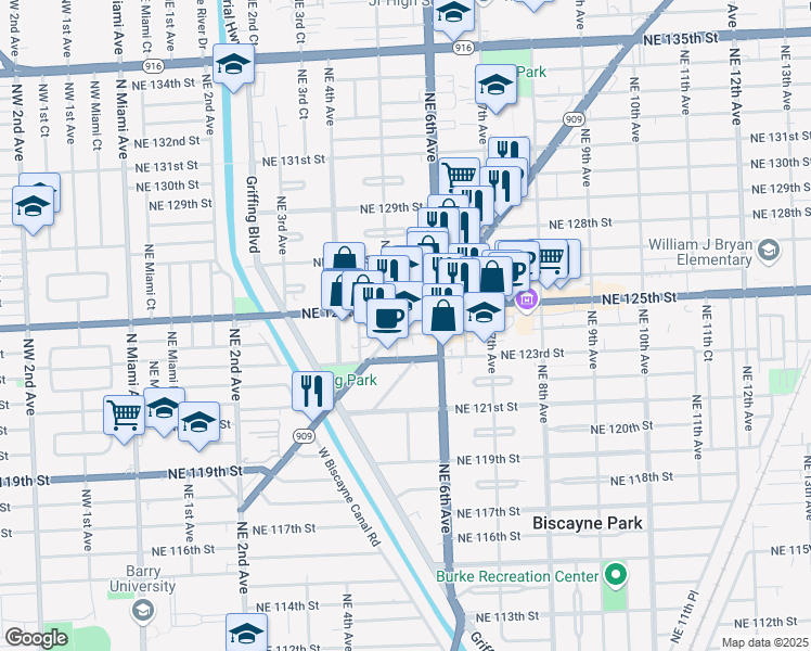 map of restaurants, bars, coffee shops, grocery stores, and more near 510 Northeast 125th Street in North Miami